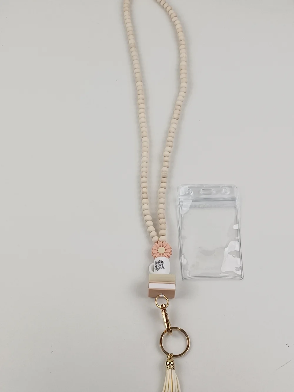 Wooden Cream and Pink Beaded Flowers Lanyard Key & Card Holder with Tassel